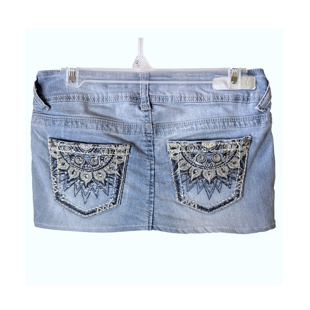 Y2K Low Rise Embroidered Rhinestone Denim Mini Skirt Womens 2 Wallflower